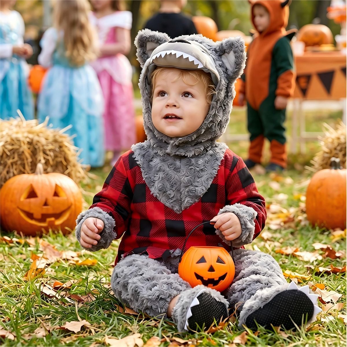 Joyfy Toddler Halloween Wolf Costume, Infant Wolf Jumpsuit for Baby, Wolf Costume for Baby Halloween Animal Dress Up Party & Trick or Treat