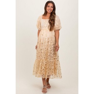 Pinkblush Cream Embroidered Sequin Detail Mesh Overlay Maternity Maxi Dress - 1 of 4
