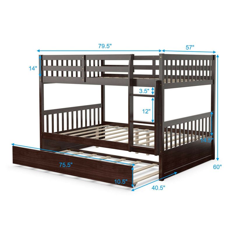Costway Full over Full Bunk Bed Platform Wood Bed w/ Trundle & Ladder Rail Brown/White, 3 of 11