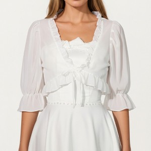 Anna-Kaci Women's Sheer Ruffle Trim Bolero Top with Puff Sleeves Layered Front Tie Detail and Elegant Overlay 8.5x13in - One Size Fits Most, White - 1 of 4