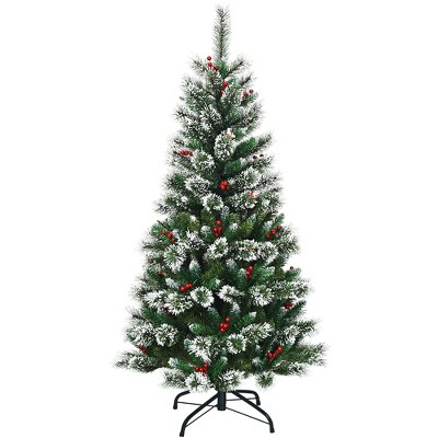 Costway 5 ft Snow Flocked Artificial Christmas Hinged Tree w/ Pine Needles & Red Berries