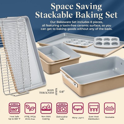 Bakken 8-Piece Gold and Gray Ceramic Non-Stick Bakeware Set