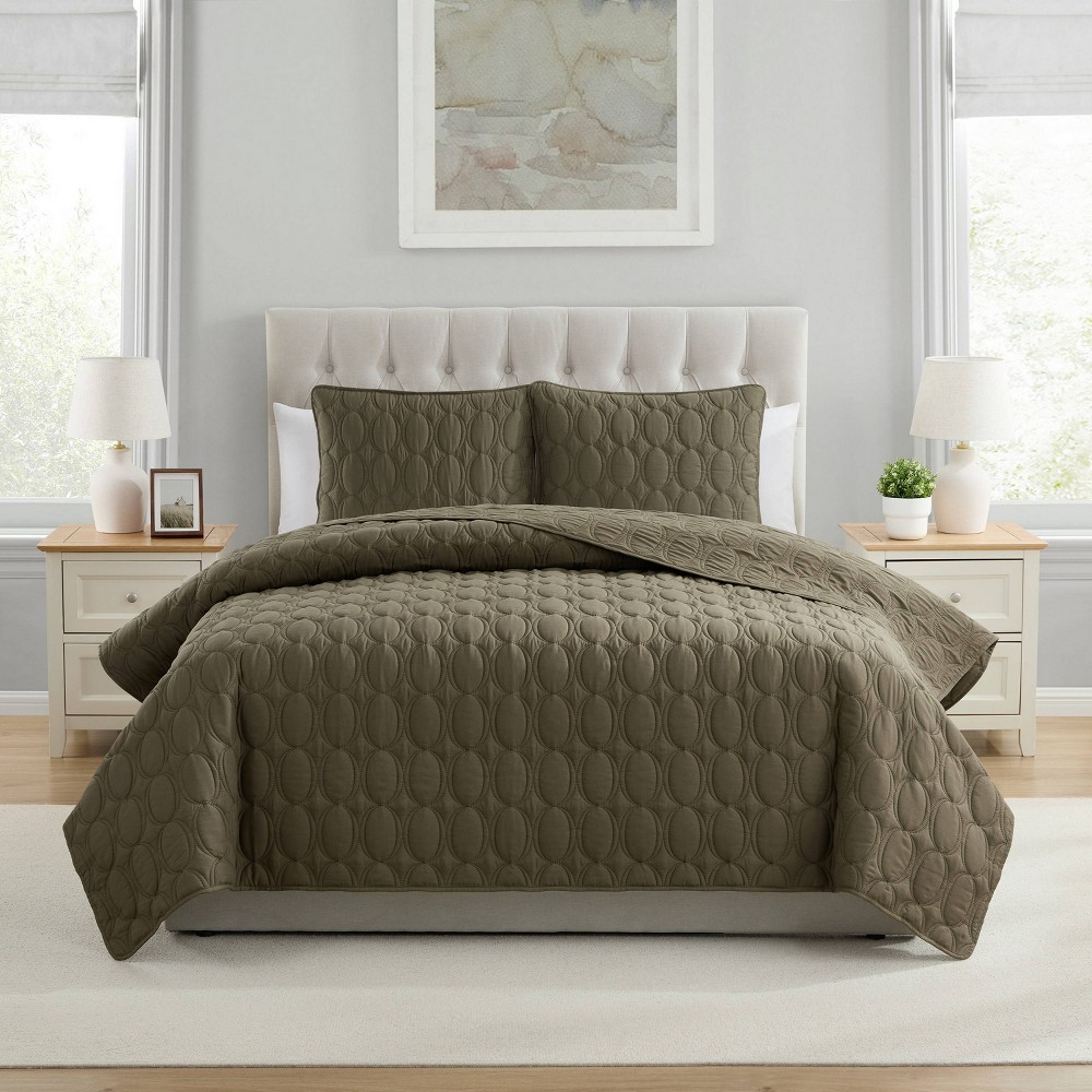 Photos - Bed Linen VCNY 3pc Full/Queen Circle Pinsonic Quilt Set Olive Green: Hypoallergenic Geometric Microfiber Bedding with Shams