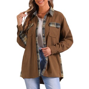 Allegra K Women's Plaid Patchwork Dressy Long Sleeve Button Down Waffle Shacket Jacket - 1 of 4