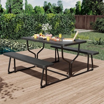 Outdoor Picnic Table and Bench Set, All Weather Camping Picnic Tables, for Outdoors Camping Backyard Deck Patio Poolside Dining Party, Black