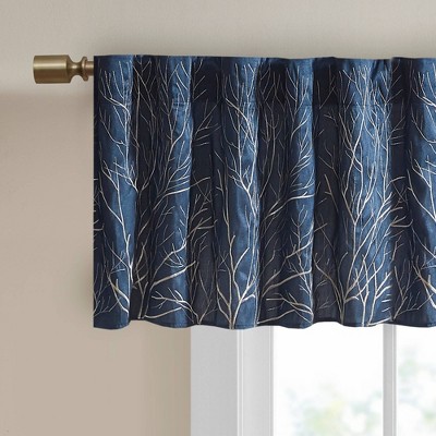 Navy Faux Silk Embroidered Sill Length Window Valance
