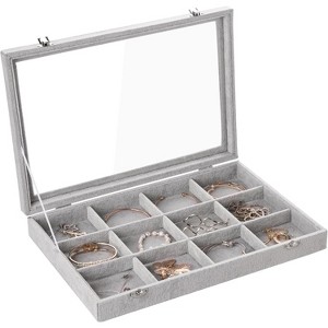 35-Grid Velvet Jewelry Tray with Clear Lid, Drawer Insert Organizer for Earrings & Rings, 13.8x9.5x2 Inches - 1 of 4