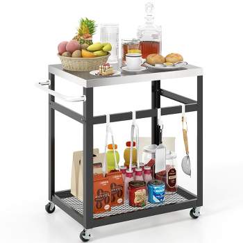 Tangkula 2-tier Stainless Steel Grill Cart w/ Wheels & Handle 4 Hooks Food Prepare Table