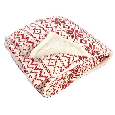 Hudson Home Collection Home Mink Blanket with Faux Shearling Back, Red Fair Isle Faux Shearling