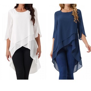 INSPIRE CHIC Women's High Low Hem Scoop Neck Asymmetrical 3/4 Sleeve Summer Top 2 Packs - 1 of 4