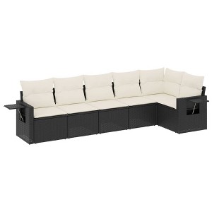 vidaXL 6 Piece Patio Sofa Set with Cushions Black Poly Rattan - Black and Cream Without Table - 1 of 4