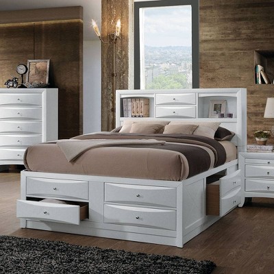 Transitional Queen Storage Bed with 8 Drawers in White Rubberwood