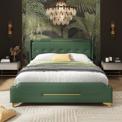 TOAOTBNBO Comfortable Queen Bed with Wingback Headboard, Upholstered Platform Bed with Footboard, Elegant Queen Bed with Slats Support, Green