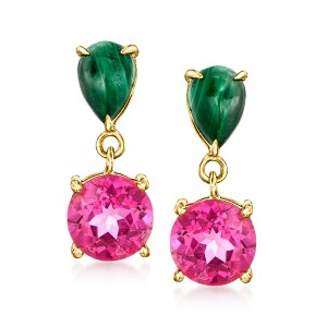Ross-Simons Malachite and 2.00 ct. t.w. Pink Topaz Drop Earrings in 18kt Gold Over Sterling - 1 of 3