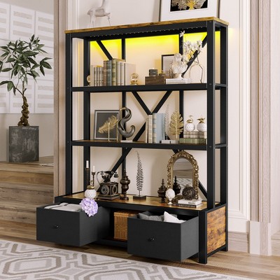 CAVINAS Bookcases for Living Room 4 Tier Rustic Wood Metal Freestanding Open Book Shelf Corner Bookcase with Drawers