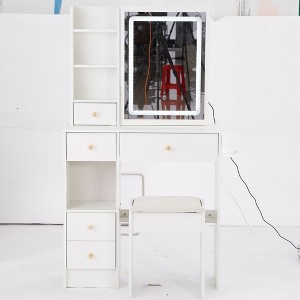 CAVINAS Desk with Drawers, Large Right Sliding Mirror Dressing Table Large Storage Corner Makeup Vanity - 1 of 4