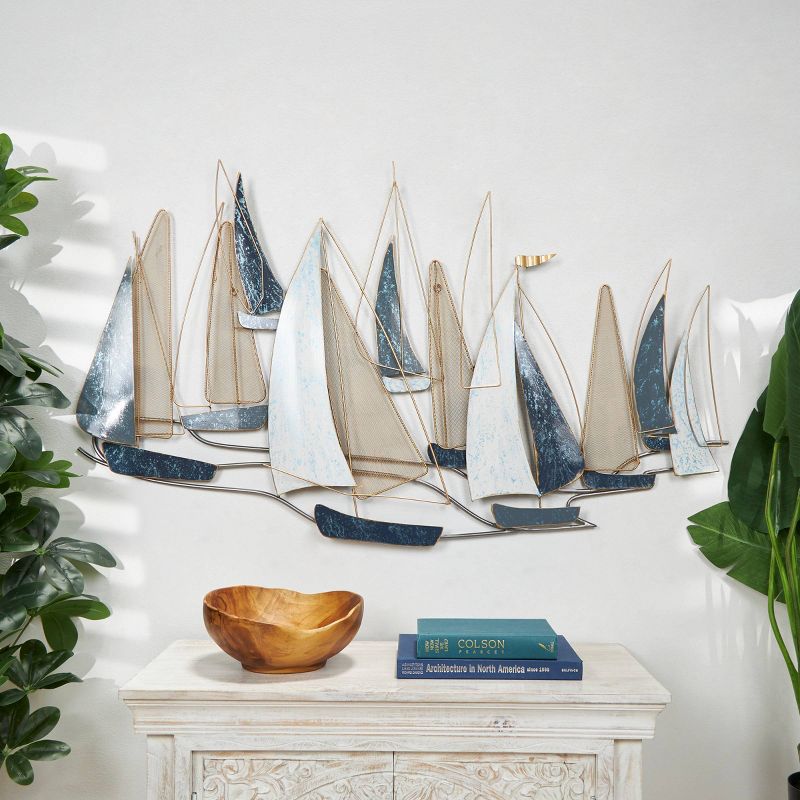 30&#34;x52&#34; Metal Sail Boat Wall Decor with Gold Wire Accents and Shimmer Details Blue - Olivia &#38; May, 2 of 5