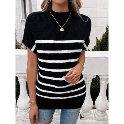 Women's Color Block Short Sleeve Sweater - Stylish Casual Knit Pullover Top with Contrast Trim