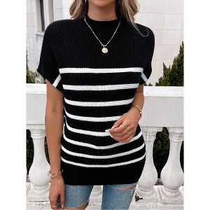 Women's Color Block Short Sleeve Sweater - Stylish Casual Knit Pullover Top with Contrast Trim - 1 of 4