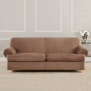 3pc Ultimate Stretch Suede T Cushion Sofa Slipcovers Luggage - Sure Fit: Polyester & Spandex, Machine Washable - 1 of 2