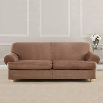 3pc Ultimate Stretch Suede T Cushion Sofa Slipcovers Luggage - Sure Fit