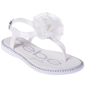 bebe Girl's T-strap Flat Sandals with Pearl, Flower, and Rhinestone Details - Sandals for Little Kid/Big Kid - 1 of 4