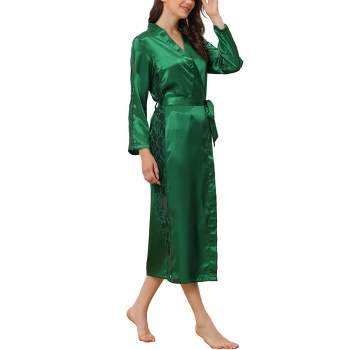 cheibear Women's Satin Robe Lace Trim Long Sleeve Bridesmaid Gown Bathrobe