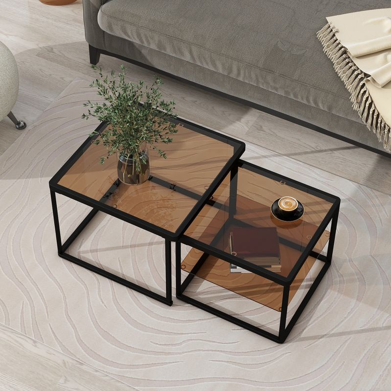 Modern Nesting Brown Tempered Glass Coffee Table Set with Metal Frame - ModernLuxe, 2 of 13