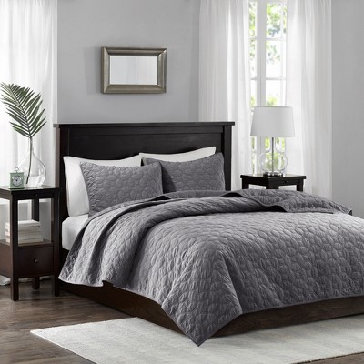 3 Piece Velvet Quilt Set Grey Full/Queen