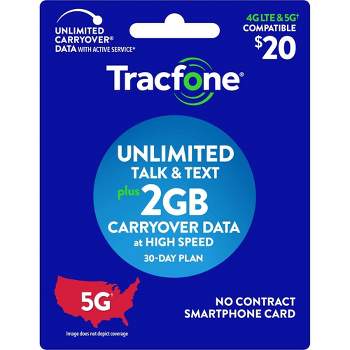 Tracfone Unlimited Talk/Text + 2GB Carryover Data 30-Day Plan Smartphone Card (Email Delivery) - $20