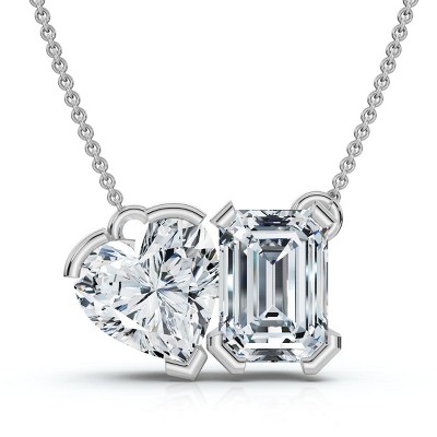 Pompeii3 2Ct Toi Et Moi Heart Emerald Diamond Pendant 14k Gold 18" Necklace Lab Created