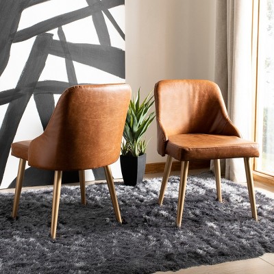 Lulu Transitional Parsons Side Chair in Brown Faux Leather with Gold Legs
