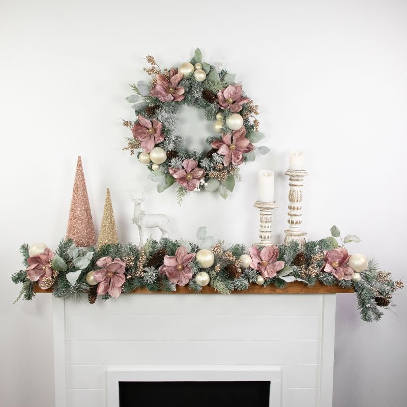 Northlight Pink Floral and Ball Ornament Frosted Pine Artificial Christmas Wreath, 24-Inch, Unlit, 3 of 8