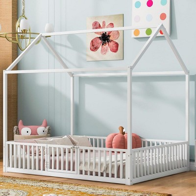 Streamdale Full Size Metal House Bed with Fence and Door, White
