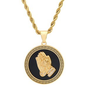 Steeltime Men's stainless steel and black enamel prayer hands round pendant with greek key accents. Color Options: Silver, Gold - 1 of 4