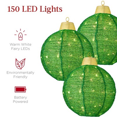 Green Battery-Powered LED Hanging Christmas Ornaments, 18-Inch, Set of 3