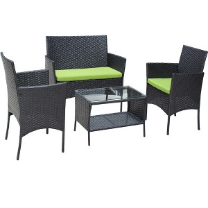 Gulches 4-Piece Outdoor Rattan Patio Furniture Set Wicker Loveseat, 2 Armchairs & Tempered Glass Tea Table with Green Cushions - 1 of 4