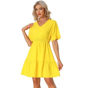 Allegra K Women's V Neck Smocked Waist Ruffled Tiered Hem Peasant Boho Dress - 1 of 4
