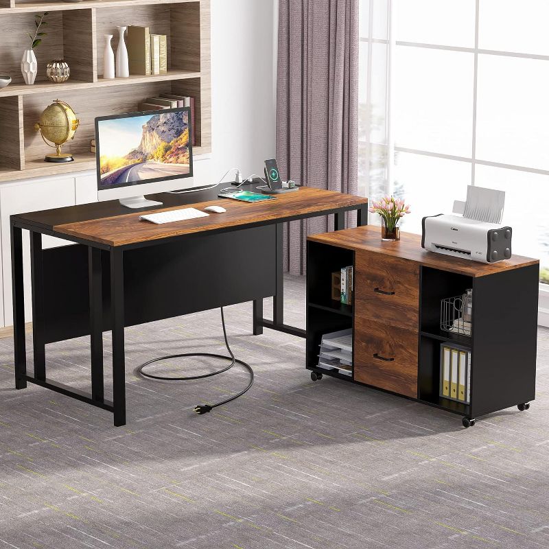 Tribesigns L-Shaped Computer Desk with File Cabinet, 55" Large Executive Table with Power Outlet, 3 of 8