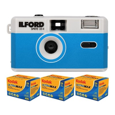 Ilford Sprite 35-II 35mm Film Camera (Silver and Blue) with 3 Kodak 400 Films