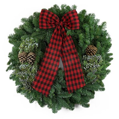 Van Zyverden 24" Live Fresh Cut Pacific Northwest Christmas Cabin Wreath Decorated with Bow