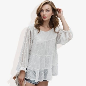 Anna-Kaci Women's Long Sleeve Swiss Dot Peplum Top with Sheer Sleeves and Tiered Ruffle Detail Casual Blouse - 1 of 4