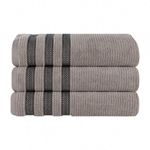 Zero Twist Cotton Ribbed Modern Geometric Border Bath Towel Set of 3, Grey  - Blue Nile Mills