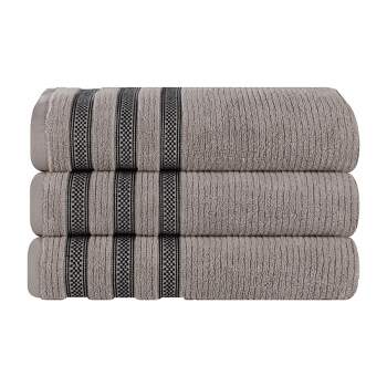 Zero Twist Cotton Ribbed Modern Geometric Border Bath Towel Set of 3, Grey - Blue Nile Mills