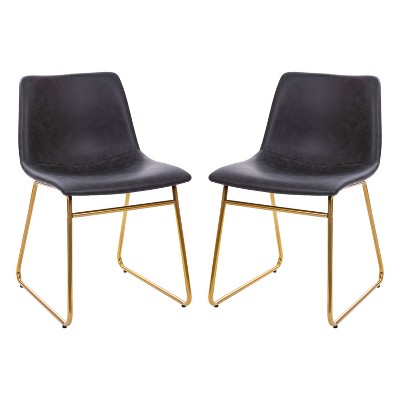 Set of 2 Faux Leather Bucket Seat Dining Chairs with Frame Dark Gray/Gold - Merrick Lane