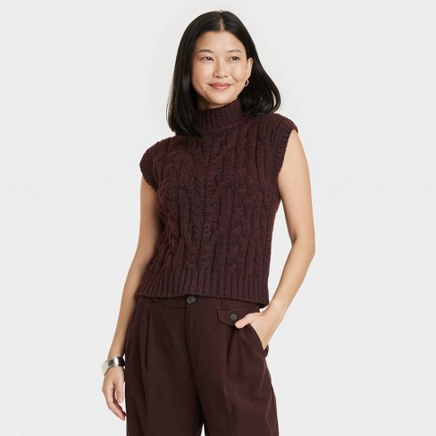 Women's Crewneck Cropped Sweater Vest - A New Day™ Dark Brown L