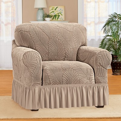Taupe Textured Leaf Design Ruffled Skirt Chair Slipcover