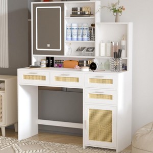 Angel Sar Makeup Vanity Desk with Mirror and Lights, Rattan Vanity Table with 4 Drawers - 1 of 4