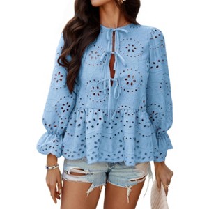Womens Dressy Casual Shirt Work Hollow Blouses Tie Front Puff Long Sleeve Tops Ruffle Hem Tunics Blue XL - 1 of 4