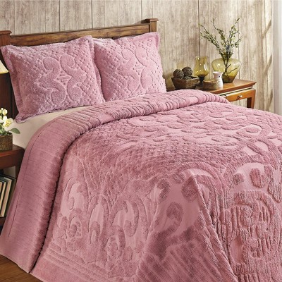 Full Pink Cotton Chenille Textured Scrolling Bedspread
